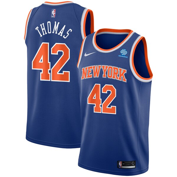 42 - Men's Nike Lance Thomas Royal New York Knicks Swingman Sponsor Patch Jersey - Icon Edition - Blue