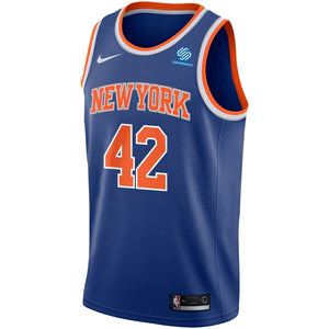 42 - Men's Nike Lance Thomas Royal New York Knicks Swingman Sponsor Patch Jersey - Icon Edition - Blue