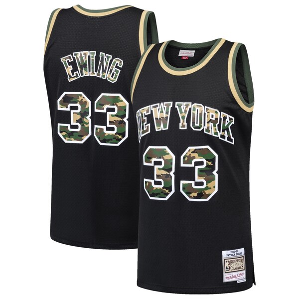 33 - Men's Mitchell & Ness Patrick Ewing Black New York Knicks Straight Fire Camo Swingman Jersey - Black