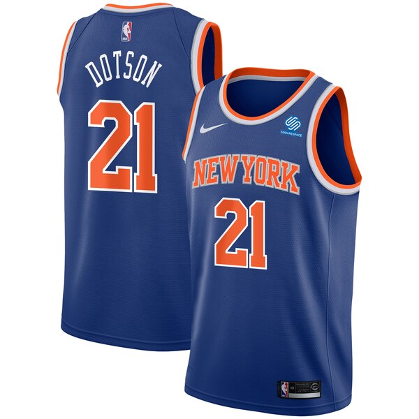 21 - Men's Nike Damyean Dotson Royal New York Knicks Swingman Sponsor Patch Jersey - Icon Edition - Blue